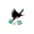 Cartoon style icon of vulture with tropical leaves. Cute character for different design Royalty Free Stock Photo