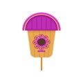 Flat vector icon of wooden birdhouse with purple roof and pattern. Nesting box on stand. Small house for birds Royalty Free Stock Photo