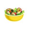 Flat vector icon of yellow bowl with tasty salad. Appetizing dish from boiled eggs and fresh vegetables. Element for