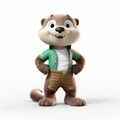 Cartoon Beaver In Green Shirt: Photorealistic 3d Render With Detailed Costumes