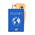 Cartoon style illustration of a blue passport with plane boarding tickets. Travel and tourism concept.