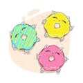 Cartoon style illustration bright colors three cats donut