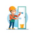 Cartoon builder installing window frame with level tool smiling Royalty Free Stock Photo