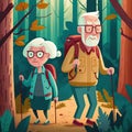 Cartoon style illustration of depiction of seniors over 50 walking in a forest, promoting active aging
