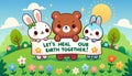 Cartoon-style illustration featuring a bear and two rabbits holding a sign that reads LET\'S HEAL OUR EARTH TOGETHER Royalty Free Stock Photo