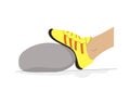 Cartoon style illustration of foot in flexible sneaker on a stone demonstrating its flexibility. Trail runner foot side