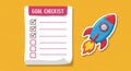 Cartoon-style illustration of a goal checklist and rocket. The checklist, with a pink Royalty Free Stock Photo