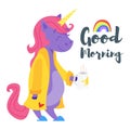 Cartoon style illustration of happy unicorn drinking tea in the morning.