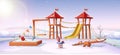 style illustration. Kids outdoor playground in the winter with snow. Royalty Free Stock Photo