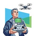 A cartoon-style illustration of a man operating a quadcopter drone with a handheld Royalty Free Stock Photo