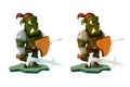 Cartoon style illustration of an orc warrior wielding sword and shield. front on white background.