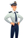 Cartoon style illustration of a pilot looking handsome standing in his flight uniform with a white background behind him.