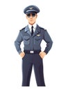 Cartoon style illustration of a pilot looking handsome standing in his flight uniform with a white background behind him.