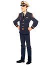 Cartoon style illustration of a pilot looking handsome standing in his flight uniform with a white background behind him.