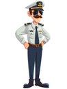 Cartoon style illustration of a pilot looking handsome standing in his flight uniform with a white background behind him.