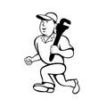 Plumber Holding Monkey Wrench Running Cartoon Black and White Royalty Free Stock Photo