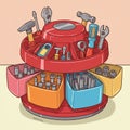 A cartoon-style illustration of a rotating tool organizer featuring a variety of tools. The Royalty Free Stock Photo