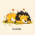 Cartoon-style illustration with a tired lion lying on the ground and an inscription with a play on the words \