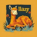 Cartoon-style illustration with a tired llama lying on the grass and an inscription with a play on the words \