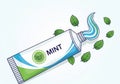 A cartoon-style illustration of a toothpaste tube labeled \