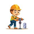 Cartoon boy construction worker drilling with machine on white background Royalty Free Stock Photo