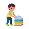 A cheerful young boy folding a stack of colorful laundry in a cartoon style illustration Royalty Free Stock Photo
