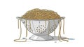 A cartoon style image features a metal colander filled with cooked Royalty Free Stock Photo