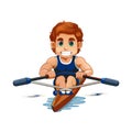 Cartoon rower in a scull boat pulls oars vigorously Royalty Free Stock Photo