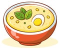 Cartoon Style Image of a Soup Bowl with Corn, Peas, Egg and Basil Leaves Garnishing Royalty Free Stock Photo