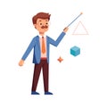 Cartoon teacher explains geometric shapes with a pointer on a white isolated background Royalty Free Stock Photo
