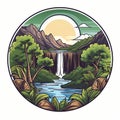 Cartoon Style Logo With Jungle And Waterfall: Medium Format Lens, Traditional Landscapes