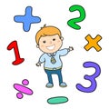 Cartoon style math learning game illustration. Mathematical arithmetic logic operator symbols icon set. Template for school