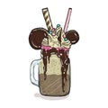 Cartoon Style Milkshake with cookies chocolate ice cream and candys. Hand Drawn Creative Dessert Isolated