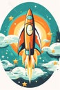 Cartoon-style minimal spaceship rocket icon. Toy rocket upswing, spewing smoke and flame