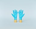 Cartoon style. Hands in protective blue gloves. protection and Precaution against viruses and bacteria. 3d