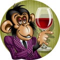 Cartoon style monkey in dressing gown holding a glass of red wine