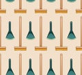 Cartoon style mops with brushes and dustpans for cleaning seamless pattern on beige background
