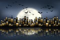 Cartoon style night city skyline background Swarm of bats flying above the sky in the night of the full moon Royalty Free Stock Photo