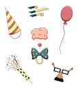 Cartoon style party accessories set isolated illustration on white background