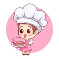 cartoon style pastry girl showing beautiful and delicious cake