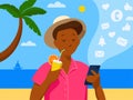 Cartoon style. A person with a smartphone on the beach vacation, modern life with smartphones. Phone addiction. Endless