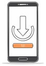 Cartoon style phone displaying a download icon with a loading bar for app update Royalty Free Stock Photo