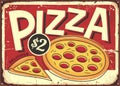 Cartoon style pizzeria sign with pepperoni pizza and pizza slice