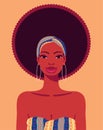 Cartoon style portrait of African American woman with headband, print dress and white hoop earrings Royalty Free Stock Photo