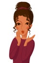 Cartoon style portrait, amazed cute woman with hands in front of mouth Royalty Free Stock Photo