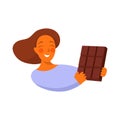 Cartoon style. Portrait of woman holding a chocolate bar. Icon for logo and sticker. Sweet food. Happy person