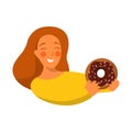 Cartoon style. Portrait of woman holding a donut with chocolate glaze. Icon for logo and sticker. Sweet food. Happy