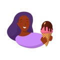 Cartoon style. Portrait of woman holding ice cream with chocolate glaze. Icon for logo and sticker. Sweet food. Happy