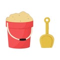 Cartoon style red sand bucket and a yellow shovel. Royalty Free Stock Photo