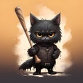 Cartoon Style Rough-Looking Black Cat with Bat on Hand